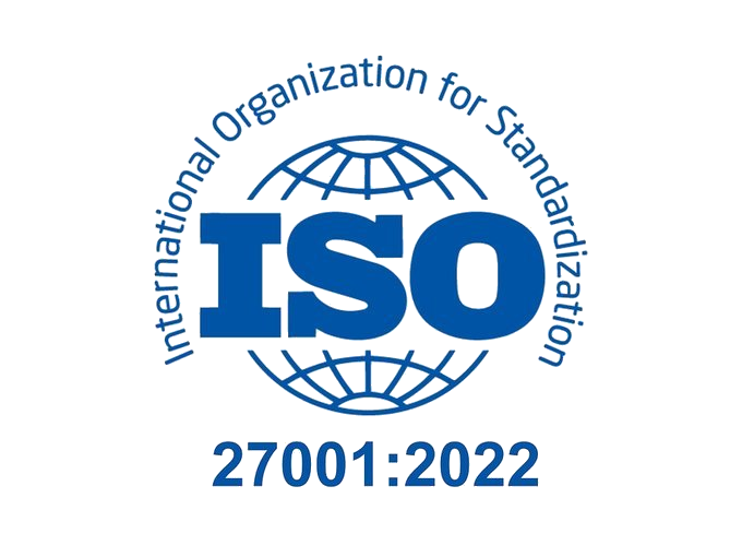 ISO certification badge: blue globe with the bold letters 'ISO' and '27001:2022' text beneath