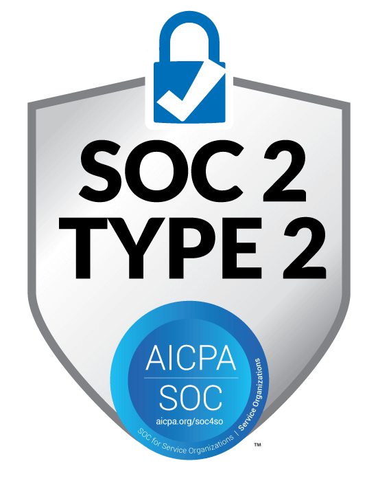 SOC 2 Type 2 compliance badge on a shield with a blue padlock icon and AICPA SOC seal